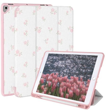 Rvciby 10.2&10.5 Zoll Hülle for iPad 9./8./7. Generation 2021/2020/2019,Und Air 3 Gen 2019/Pro 10.5 2017,10.2&10.5 Hülle mit Bleistifthalter, Dreifacher Ständer Schutzabdeckung,Rosa Blumen