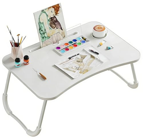 DECODEKO Bandeja para Cama Plegable: Mesa para Cama y Sofá con Portavasos, Mesa Cama Ordenador en Tablero MDF y Metal, 50x30x23 cm, Blanco