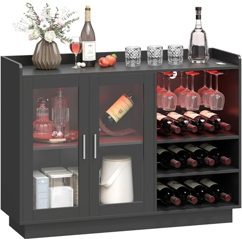 HOMCOM Mobile Portabottiglie con Luci LED RGB e Porta Bottiglie da 12, Cantinetta Portabottiglie con Ripiano Regolabile e Ante a Chiusura Soft in Vetro per Casa, Cucina e Sala da Pranzo, Nero