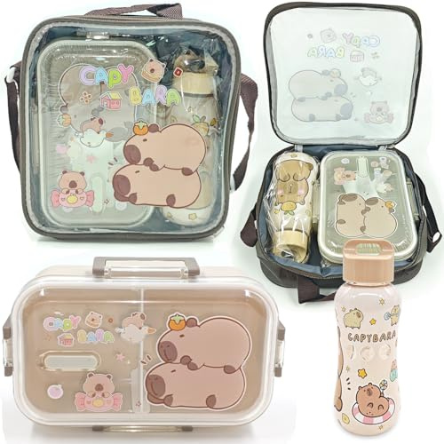 MIFKLMV Juego de Capybara Fiambreras Bento, con Cubiertos Botella para Beber, Fiambreras con Compartimentos, Portatil Lunch Box, Prueba de Fugas Caja de Almuerzo, para Escuela Picnic Viajes Trabajo-B