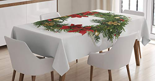 ABAKUHAUS Weihnachten Tischdecke, Poinsettia-Blüten, Pflegeleicht Waschbar Schmutzabweisend und mit Klaren Farben Hochwertiger Druck, 140 x 240 cm, Dunkelweiß Grün