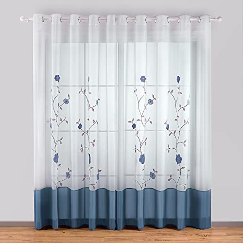 SIMPVALE 2 Pezzi Tenda per Interni, Blu 140x225 cm Tende per Finestre con Motivo a Floreale Ricamata, Tenda Semi Trasparente Voile con Occhielli per Camera da Letto e Salotto