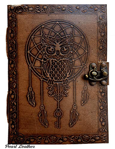 Pearl Leder Traumfänger mit Eule Leder Tagebuch Antik Farbe Handarbeit Leder Tagebuch mit C-Lock Notizbuch Eule Tagebuch 17,8 x 12,7 cm