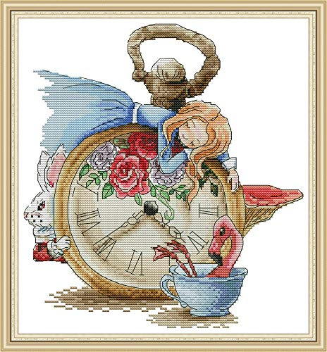 WOWDECOR Kreuzstich-Stickerei-Set für Erwachsene und Kinder, schlafende Alice-Uhr, Kaninchen-Tasse, 11 Ct, geprägt, DIY-Näharbeiten, einfache Anfänger