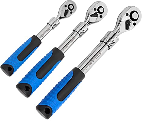 HELAKLS 3 Piece Socket Drive 72 Teeth Extendable Ratchet Wrench Tool Set Telescopic Quick Release Non-Slip Rubber Handle Reversible Gear Wrench for Car Mechanics