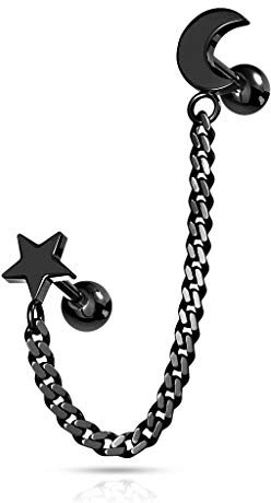 beyoutifulthings 1 Knorpel Ohr-stecker Halb-Mond Stern Kette Schwarz Cartilage Labret Piercing-s Tragus Edelstahl Schraub-Verschluss