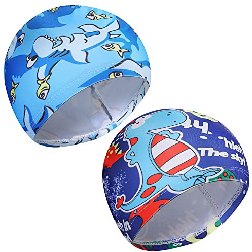 2 Cuffie da Nuoto per Bambini Cuffia da Piscina Cuffietta da Nuotare Elastica Cappello da Nuoto in Poliestere Cuffia da Bagno per Ragazzo di Età 1-8 Anni (Stile Carino)