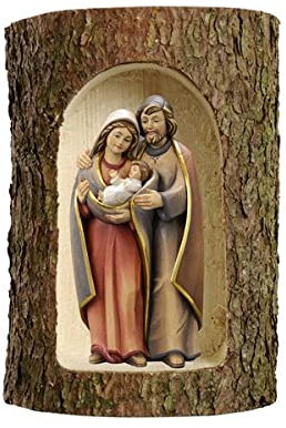 Weihnachtskrippe mit Jesus Maria und Josef aus Holz eingefasst in einem echten Baumstamm handgefertigt im Gardena-Val (Modell Armonia) (bunt / bunt)