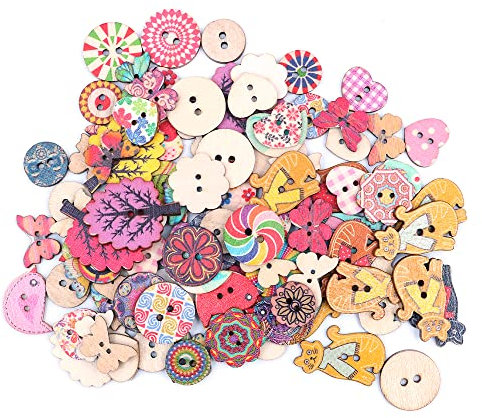 CENPEK Wood Buttons Craft, 100 Pcs Flower Trees Birds Cat Print Wooden Buttons, Handmade Buttons, with 2 Holes for DIY Craft Decorations Sewing Knitting Clothes