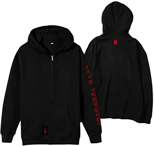 Sweat à Capuche BTS Kpop Love Yourself - Femme Homme Couple - Jimin Jungkook Suga V - Zip Fan Cadeau (Noir, L)