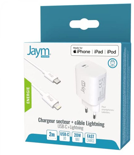 Jaym – Pack cargador de corriente rápida USB-C 20 W PD + cable USB-C 2 metros compatible Lightning MFI blanco