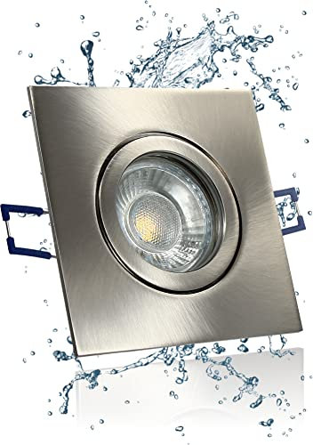 LEDFULL® Premium LED Bad Deckenstrahler IP44 Set GU10 Spot Dimmbar 230V Strahler 5W Tageslicht/Edelstahl gebürstet Einbaustrahler eckig Aussen geeignet