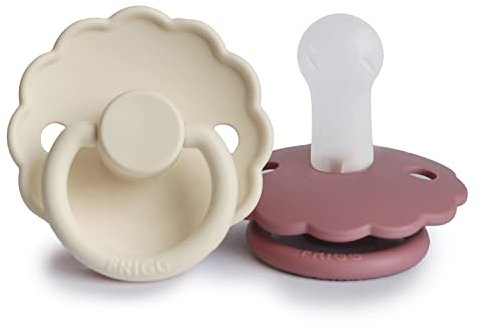 FRIGG Daisy Silikon Schnuller | Schnuller 2 Packung | Symmetrischer Sauger in Kirschform | BPA-frei | Hergestellt in Dänemark | Silikon Schnuller | (Cream/Dusty Rose, Größe 2 (6-18 Monate))