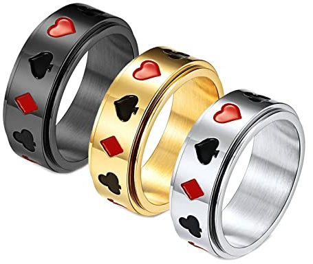Mesnt Ringe Gold Frauen, Spades-Poker-Spiele Fidget Ring Schwarz, Gold, Silber Größe 54 (17.2)
