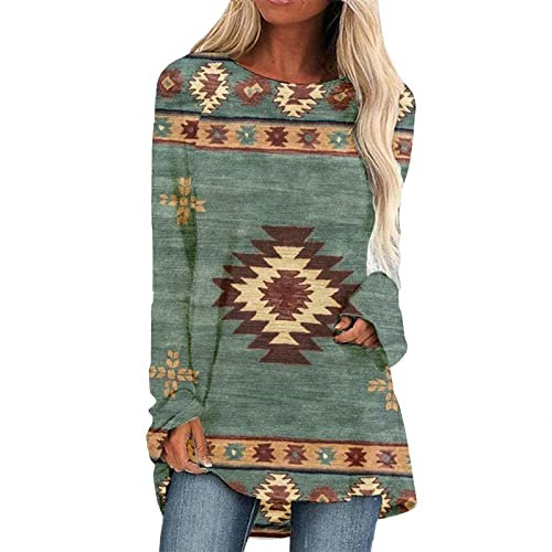Longshirt Damen Langarm Mode Druck Große Größen Tunika Oberteile Bedruckte Longbluse Longpullover T Shirt Frauen Casual Lose Elegant Lange Pullover Bluse Sweatshirt Langarmshirt Hemd Tops