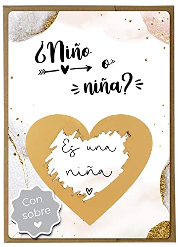 Joli Coon Tarjeta de rascar Es una niña, revelación de sexo, con sobre | Papel de diseño de 350g, acabado UV en relieve, sobre natural con corazón dorado, campo para rascar