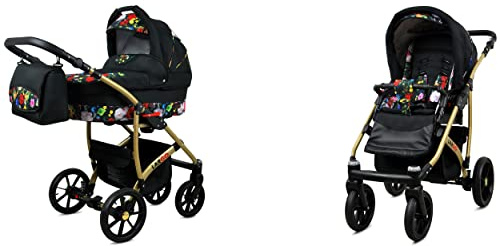 BabyLux Largo 2-in-1 Baby Kinderwagen Tief und Kinderwagen mit Zubehör Verstellbar und faltbar Aluminiumkonstruktion Wasserdicht Nicht abnehmbare Räder Green Leaf Gold Frame