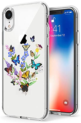 Unov Case Compatible with iPhone XR Case Clear with Pattern Slim Protective Soft TPU Bumper Embossed Design Shock Absorption 6.1 Inch (Flower Butterfly)