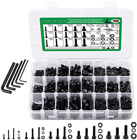 1500Stk Schrauben und Muttern Sortiment Set, M2/M3/M4/M5/M6 Schraubenset mit Sechskantmuttern und Unterlegscheiben, 12,9er Kohlenstoffstahl Sechskant-Inbusschrauben Set inklusive Schraubenschlüssel