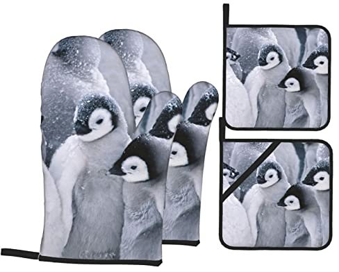 Hitzebeständige Ofenhandschuhe und Topflappen, 4er-Set, niedlicher Pinguin-Druck, rutschfest, wasserdicht, zum Backen, Kochen, Grillen