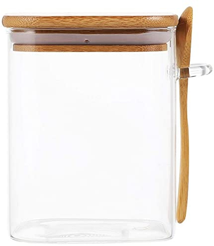 FülleMore Vorratsdose Luftdicht Glasdose stapelbar Lebensmittelbehälter mit Holzdeckel und Löffel Quadratische Vorratsbehälter für Kaffeebohne Tee Gewürze Nüsse Müsli (1000mll-10X15CM)