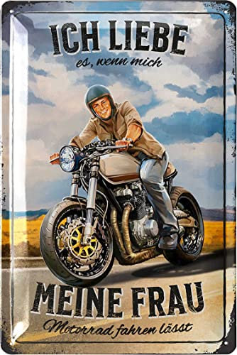LANOLU Blechschild retro - Ich liebe meine Frau Motorrad Deko - Motorrad Geschenke für Männer und Biker - lustige Sprüche Schild für Werkstatt und Garage - Deko vintage Metallschild 20x30cm