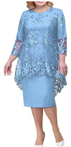 Neckholder Kleid Damen Mittelalter Kleid Elegantes Kleid Damen Festlich Zweiteiler Frauen ÜBergrößE Blumendruck Spitze Patchwork 2 Teiler Rundhals 3/4 ÄRmel Midikleid Elegant Kleid Blau (Sky Blue, L)