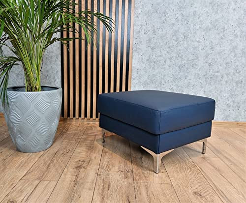 Quattro Meble Blaues Kobalt Farbe Echtleder Hocker Sitzhocker Rindsleder Sitzwürfel Fußhocker Polsterhocker Echt Leder Puff Modell KANTE mit trapezförmigen Edelstahl-Chromfüßen (60 x 55 x H-40 cm)