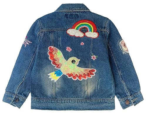 Peacolate 3-11Years Little Big Girls Embroider Rainbow Birds and Flowers Denim Jacket(3-4Years)