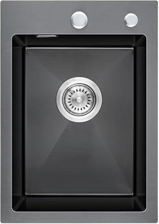 KINKIBOS Fregadero de cocina pequeño 304 de acero inoxidable negro y gris, 35 x 50 cm, empotrable con orificio para grifo y rebosadero (sin sifón), 1 lavabo rectangular, para armario bajo de 40 cm