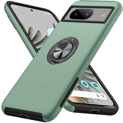 AOUIA for Google Pixel 8 Case with Stand, 360° Rotating Metal Ring Holder Support Magnetic Car Mount, Shockproof and Anti Scratch, Alpine Green