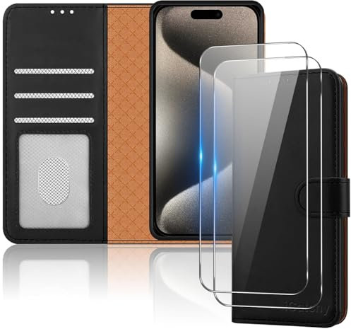 iCatchy for iPhone 15 Pro Max Case with 2x Screen Protector Leather Magnetic Flip Cover Card Holder Kickstand Feature Full Protection Phone Cover Compatible with iPhone 15 Pro Max (Black)