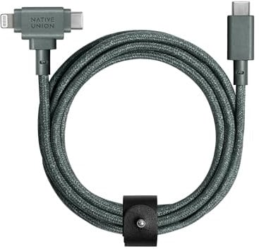 Native Union Belt Cable Duo – 5ft Ultra-Strong Braided Universal Charging Cable – Made with Recycled Material – 2-in-1 Multi-Device MFi Certified Connector for Lightning & Type-C devices (Slate Green)