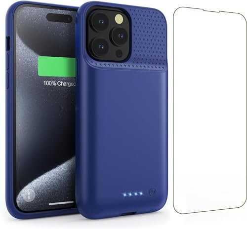 QTshine Battery Case for iPhone 15Pro Max, Upgrade 8600mah Portable Slim Battery Charging Case, 15W Fast Charging Rechargeable Protective Extended Charger Cover for iPhone 15 Pro Max (6.7 inch)-Blue