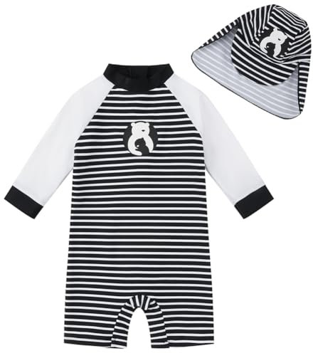 upandfast Baby Junge Badeanzug mit Sonnenhut UPF 50+ Badebekleidung Bademode(Weiß Streifen,12-18 Monate)