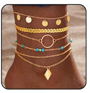 Vakkery Bracelet de cheville bohème à paillettes dorées avec pampille turquoise pour femmes et filles