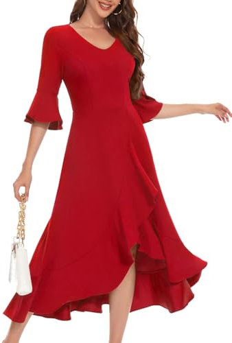 HomRain Ladies A Line Vintage Cocktail Party Dress Red Wedding Guest for Formal Evening Party Dresses with Flowy Split Long Dress,Red XL