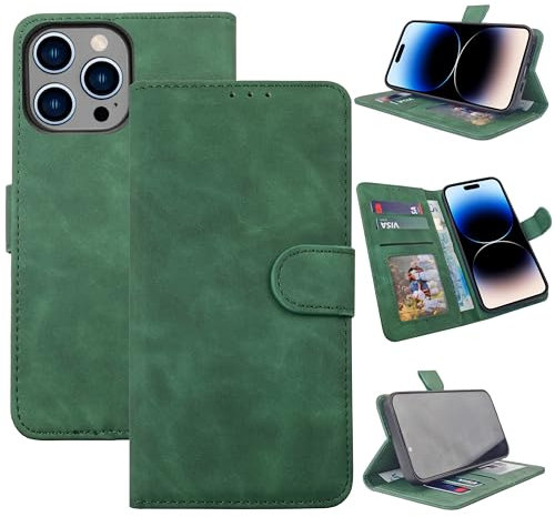 EKAM Case for iPhone 14 Pro Max 6.7-Inch, Premium PU Leather Wallet Case Flip Cover [RFID Blocking][Card Holder][Shockproof TPU][Stand Function] Book Style Case for iPhone 14 Pro Max (Olive Green)