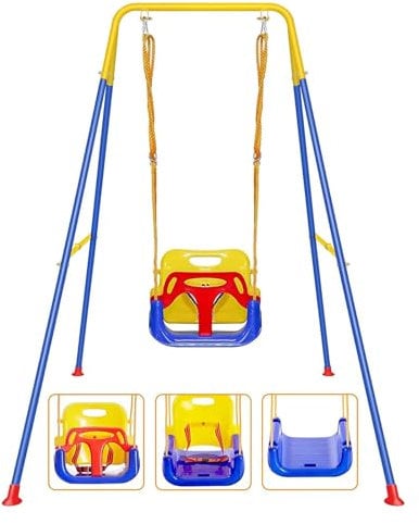 FCOUMY Columpio para Bebé 3 En 1, Columpio para Infantil De Exterior/Interior, Soporte de Metal Plegable e Instrucciones, Fácil de Montar y Guardar,Adecuado para Niños De Todas Las Edades
