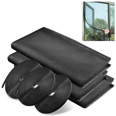 Mosquito Netting, 3 Pack DIY Self-Adhesive Insect Mesh Curtain Fly Bug Bee Protector Screen 130x150CM 51x59 Inches with 3 Rolls Hook Sticky Tape, Fitted to Multiple Windows (Black)