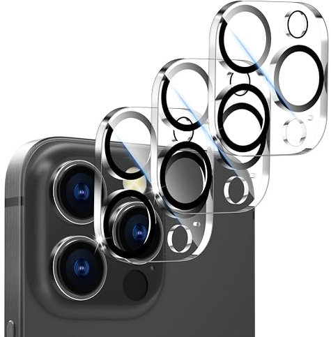 CloudValley 3 Unidades Protector de Lente Cámara para iPhone 16 Pro/14 Pro y iPhone 16 Pro Max/14 Pro Max, Accesorios Cristal Templado 9H Dureza, HD Transparente Vidrio Metal Protector, Negro