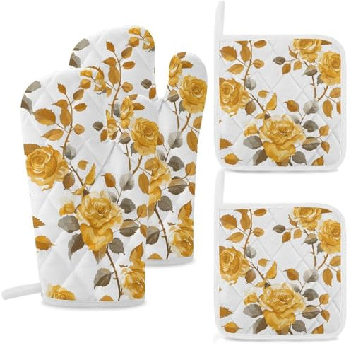 Oven Mitts and Pot Holders Set 4 Pcs Kitchen Oven Glove Mustard Yellow Rose Oven Mitt Heat Resistant Oven Glove for Cooking Non-Slip Cooking Gloves Washable Potholders for Baking BBQ