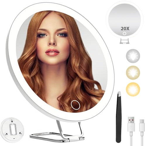 GOEDCH Miroir Grossissant 20X avec Lumière: Mirroir Maquilleur Lumineux Rechargeable avec 3 Ventouses et Pince à épiler, Miroir loupe de Voyage Compact à Main pour Maquillage, Rotation à 360°