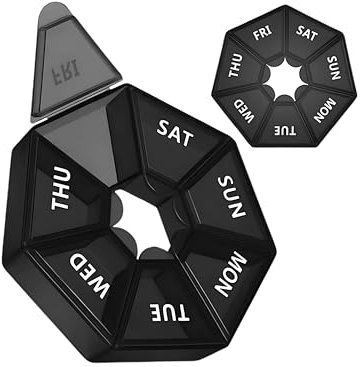 7 Day Round Weekly Pill Box Organiser Travel Dosset Box Portable Tablet Organizer Medicine Storage Box Pill Dispenser | Easy to Open Snap Shut Lids - 1 Times a Day for Pills/Fish Oil/Vitamins (Black)