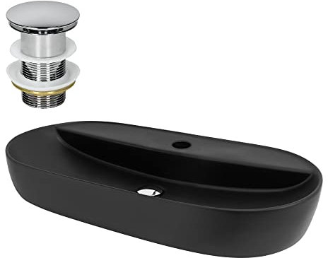 LuxeBath Waschbecken Keramik 800x400x120 mm oval Schwarz mit Ablaufgarnitur Silber, Aufsatzwaschbecken für Badezimmer/Gäste-WC, Aufsatzbecken modern, Waschtisch Waschschale Waschplatz Handwaschbecken