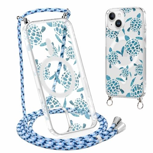 Votvloay Magnetisch Handyhülle Handyband für iPhone 14/iPhone 13 6,1 Hülle mit Band, Kordel Case Kompatibel mit Magsafe,Transparent Silikon TPU Stoßfest Cover mit Aesthetic Muster Meeresschildkröten