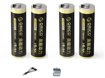 ORICO Ener-G Baterías Recargables de Litio Tipo C AA 4-Pack 1.5V 2100mWh, Recargables hasta 1500 Veces, Carga Rápida en 2H para Mandos a Distancia, Juguetes Electrónicos (con Cable USB-C Incluido)