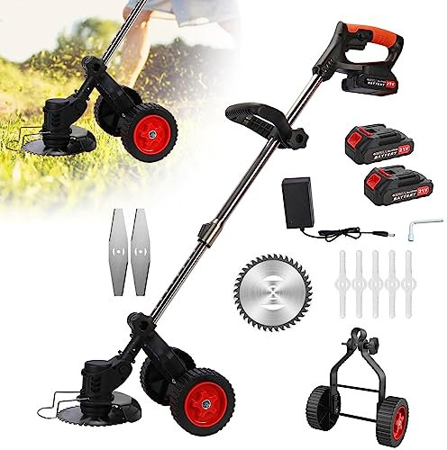 cukoekim 21V Cordless Grass Trimmer, 3 in 1 Electric Garden Strimmer Weed Mower, Rechargeable 2 Wheel Lawn Strimmer with 1 Charger ＆ 2 Batteries, Lightweigh Grass Cutter Weed Eater for Yard Garden