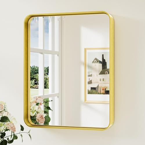 Keonjinn Wand Spiegel Gold 40x50cm, Badezimmerspiegel Badspiegel mit Metallrahmen, Gehärtetes Glas Rechteckiger Spiegel Flur für Badezimmer, Wohnzimmer, Schlafzimmer, Wanddekoration