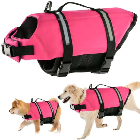Gilet de Sauvetage pour Chiens, FainFun Gilets de Sécurité pour Chiens Orange, pour Grande Taille und Petit Chien, avec Bandes Réfléchissantes/Ceinture Réglable (Rose, M)